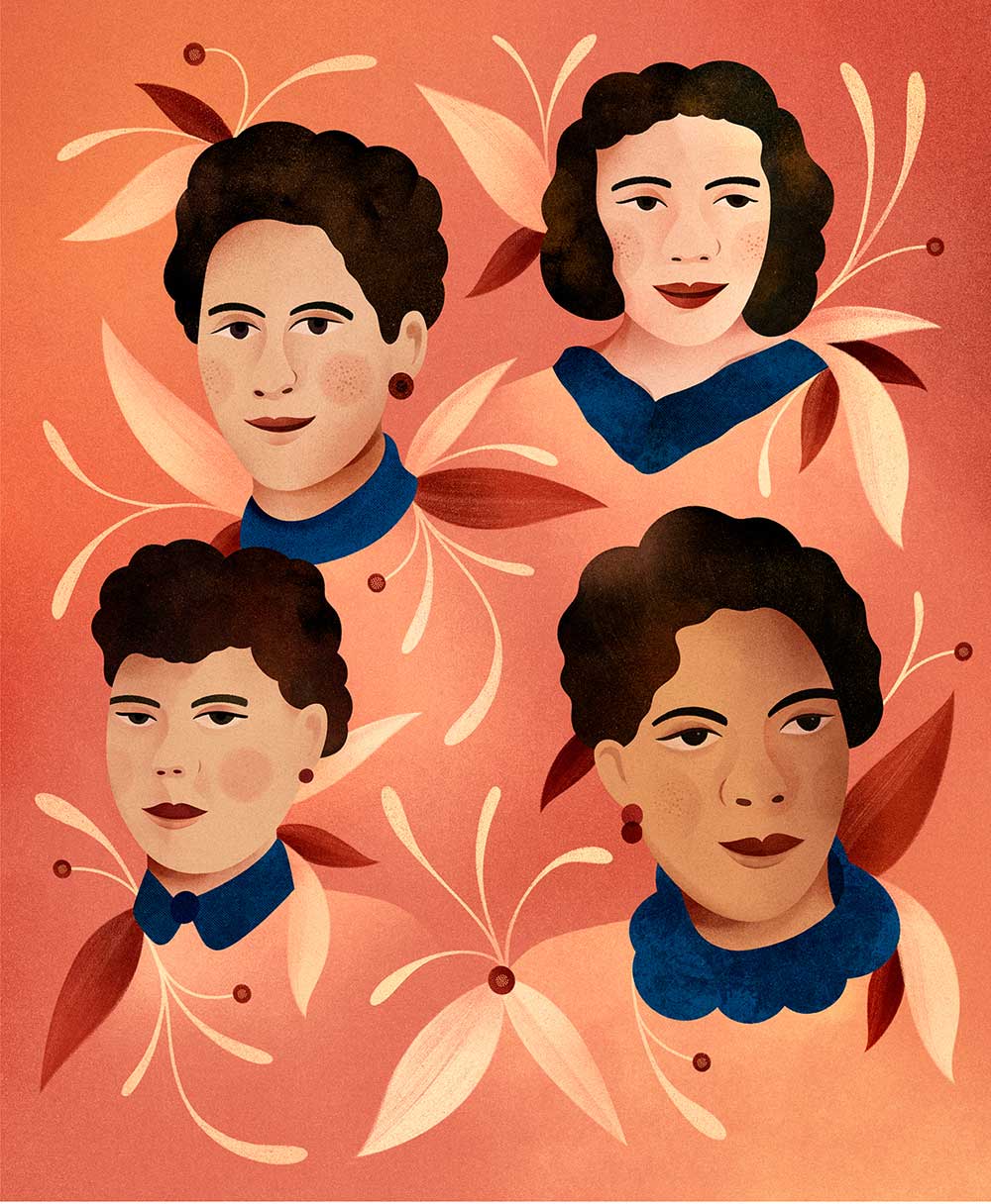 Illustration of four of the nurses with orange flowers. Nurses wearing blue collars.