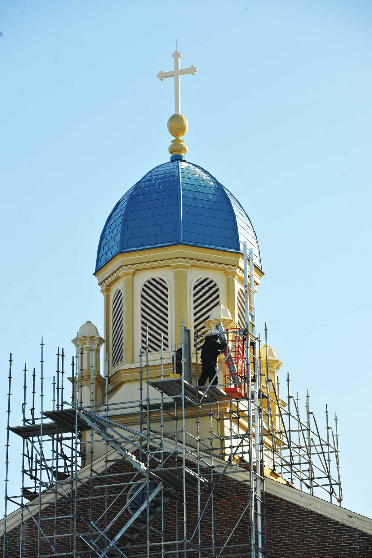 The chapel during its renovation with scaffolding around the dome.