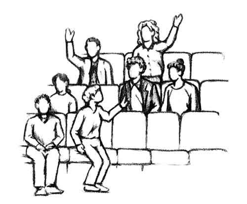 Illustration of people sitting in rows of a theater