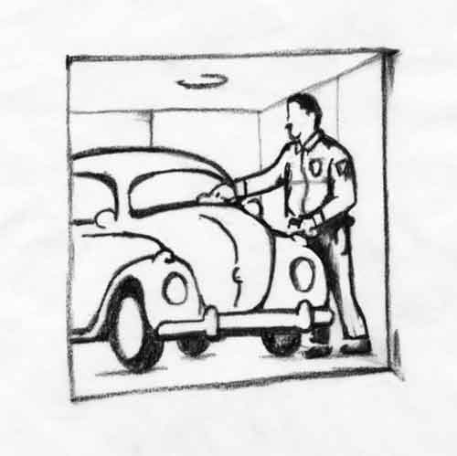 A black-and-white sketch illustration of a man wiping the top of a Volkswagen Beetle