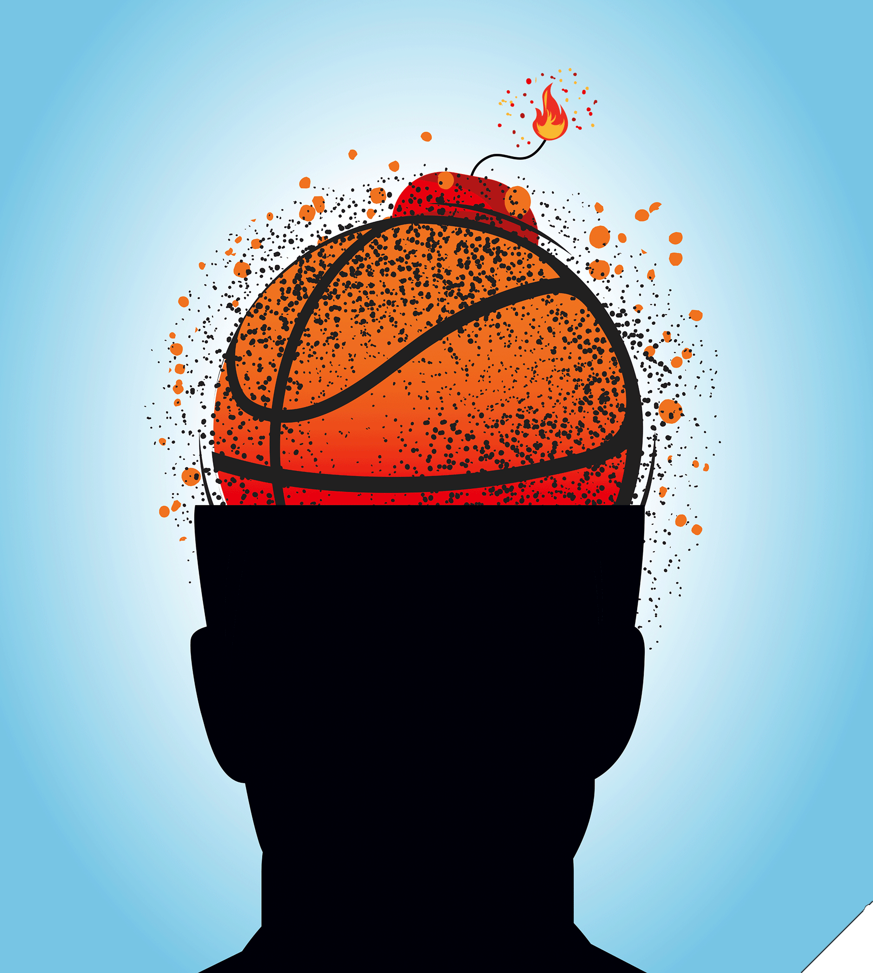 A basketball acts as a brain and a ticking time bomb in this illustration