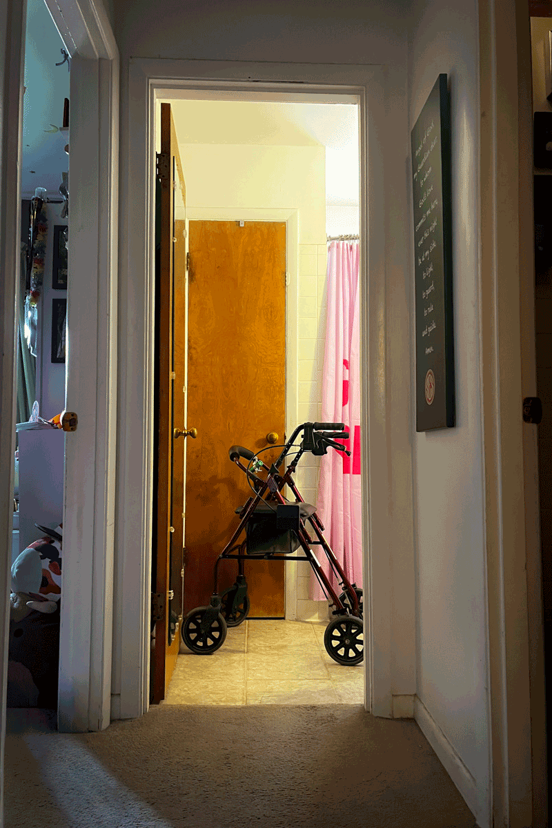 A walker sits in the bathroom