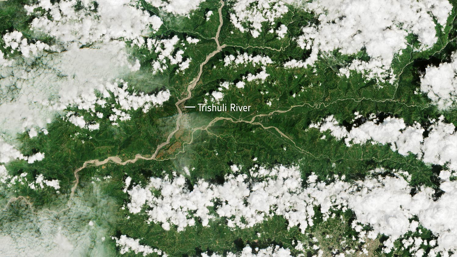 Satellite image of the Trishuli River valley in Nepal Aug. 27, 2026, showing flooding.