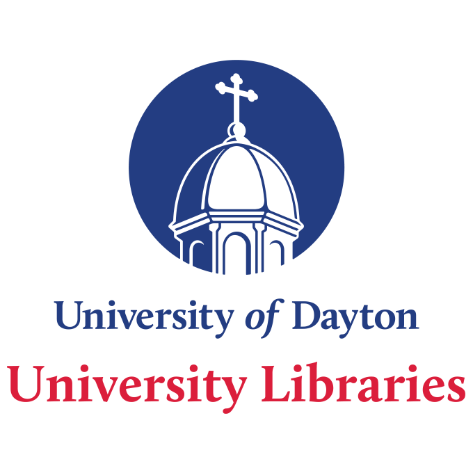 Blue circle containing a white icon of the top of the UD Chapel of the Immaculate Conception. Two lines of text below read "University of Dayton" and "University Libraries"