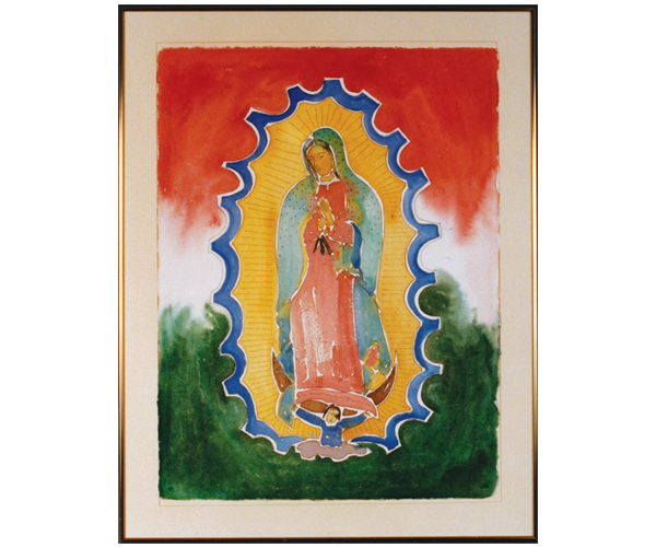Framed watercolor depicting traditional Our Lady of Guadalupe imagery. 