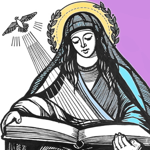 Line art of Mary looking down at a book