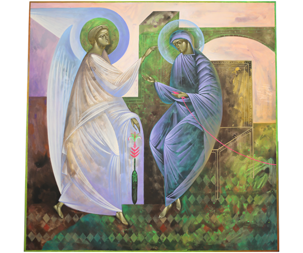 Annunciation artwork with angel standing to left and Mary seated to right
