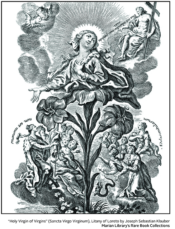 Etching of Mary coming out of a lily with Jesus and angles above and a crowd of people below