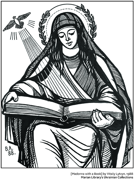 black and white line art Mary with open book