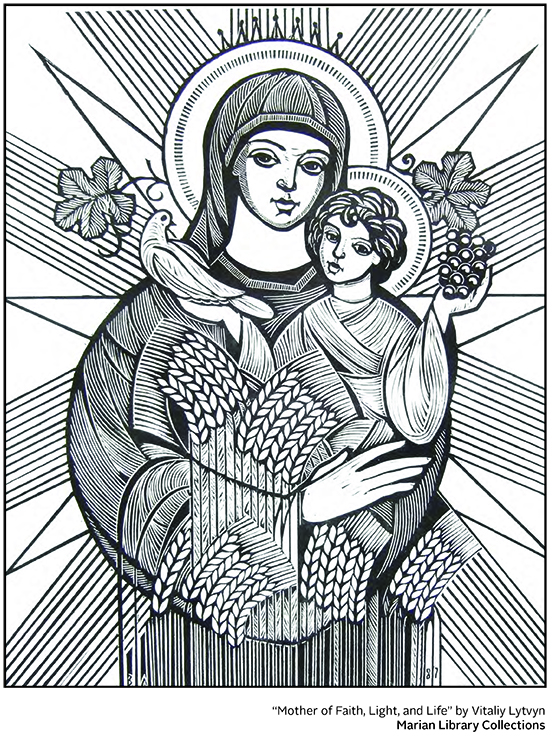 Black and white outlined Mary holding young Jesus with grapes and dove