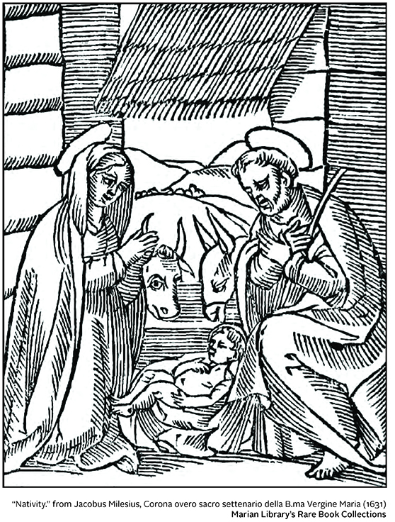 Line art in etched style with of Mary on left Baby Jesus in manger centered and Joseph to the right ox and donkey in background