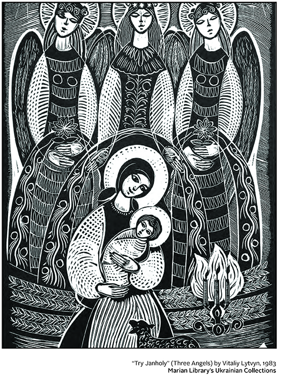 Black and white Mary in traditional Ukrainian dress holding young Jesus with three large angels behind them and three small burning candles to their left