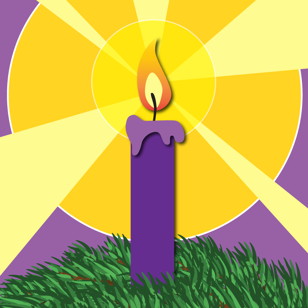 Illustrated purple candle with flame and greenery