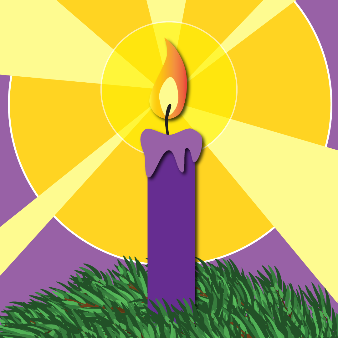 Illustrated purple candle with flame and greenery
