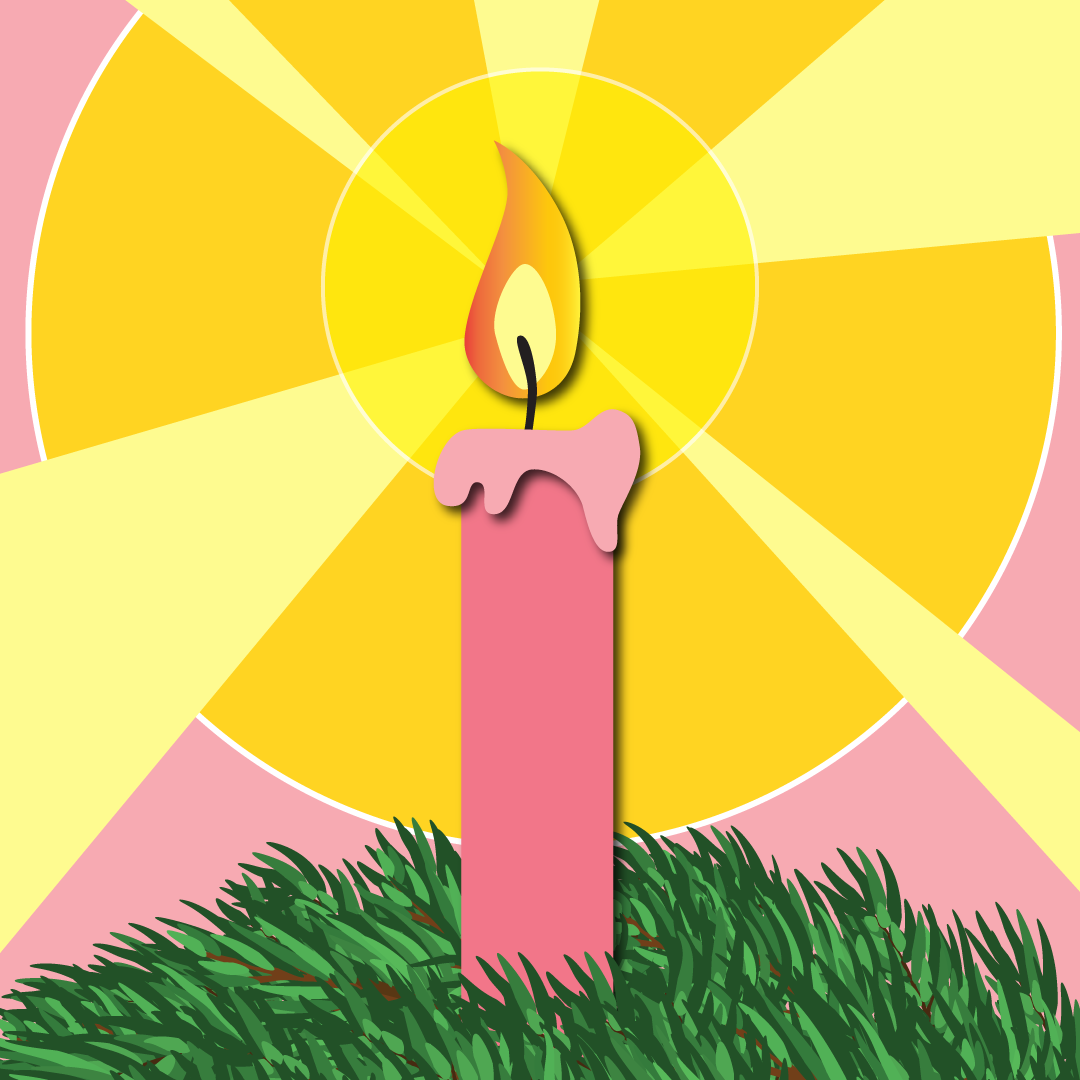 Illustrated pink candle with flame and greenery