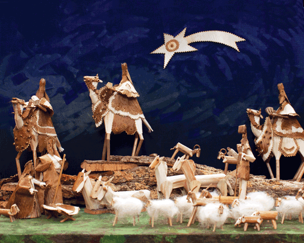 Nativity scene with Holy Family, Magi on Camels and various animals including goats and sheep all made from fennel. Text reads: “Great imagination and creativity is always shown in employing  the most diverse materials to create small masterpieces of beauty.”  — Pope Francis in the apostolic letter Admirabile signum  on the meaning and importance of the Nativity scene Merry Christmas 