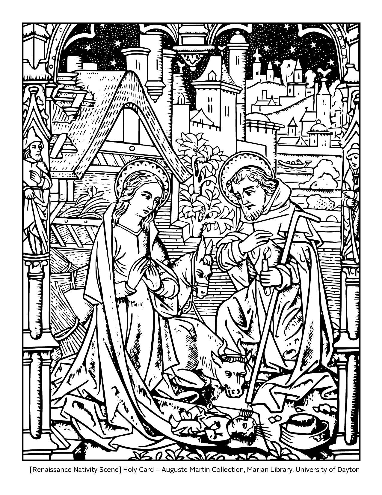 detailed renaissance nativity scene holy card