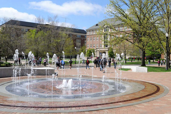 Kennedy Union fountain with Humanities Plaza in the background