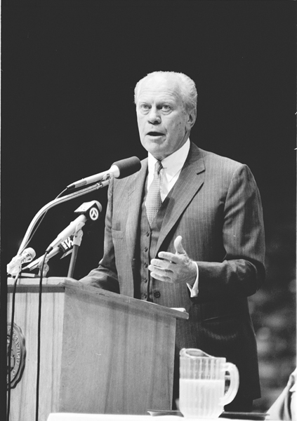 Former President Gerald Ford keynoted the bicentennial of the signing of the U.S. Constitution at the University of Dayton Arena on Sept. 16, 1986.