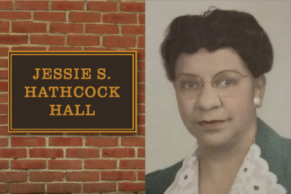 Dual image: left side image of building sign of Jessie S. Hathcock Hall; right side, portrait of Jessie S. Hathcock 