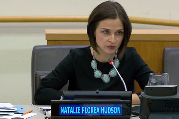 New Human Rights Center Executive Director Natalie Florea Hudson speaking at the United Nations Global Citizenship Education Seminar in 2018.
