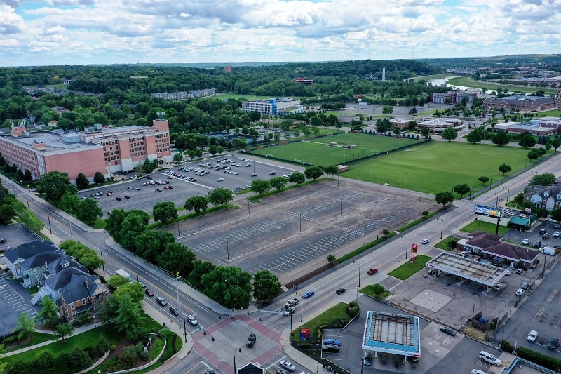 aerial view of Fitz Hall and parking lot