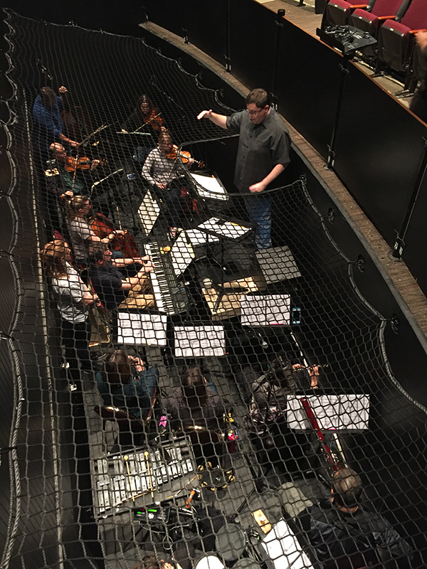 An arial view of the orchestra pit showing netting over several musicians and a conductor standing outside the netting.