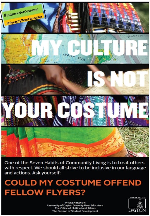 A variety of culturally-specific fabrics and a globe in the background of the words "My Culture is not your Costume"