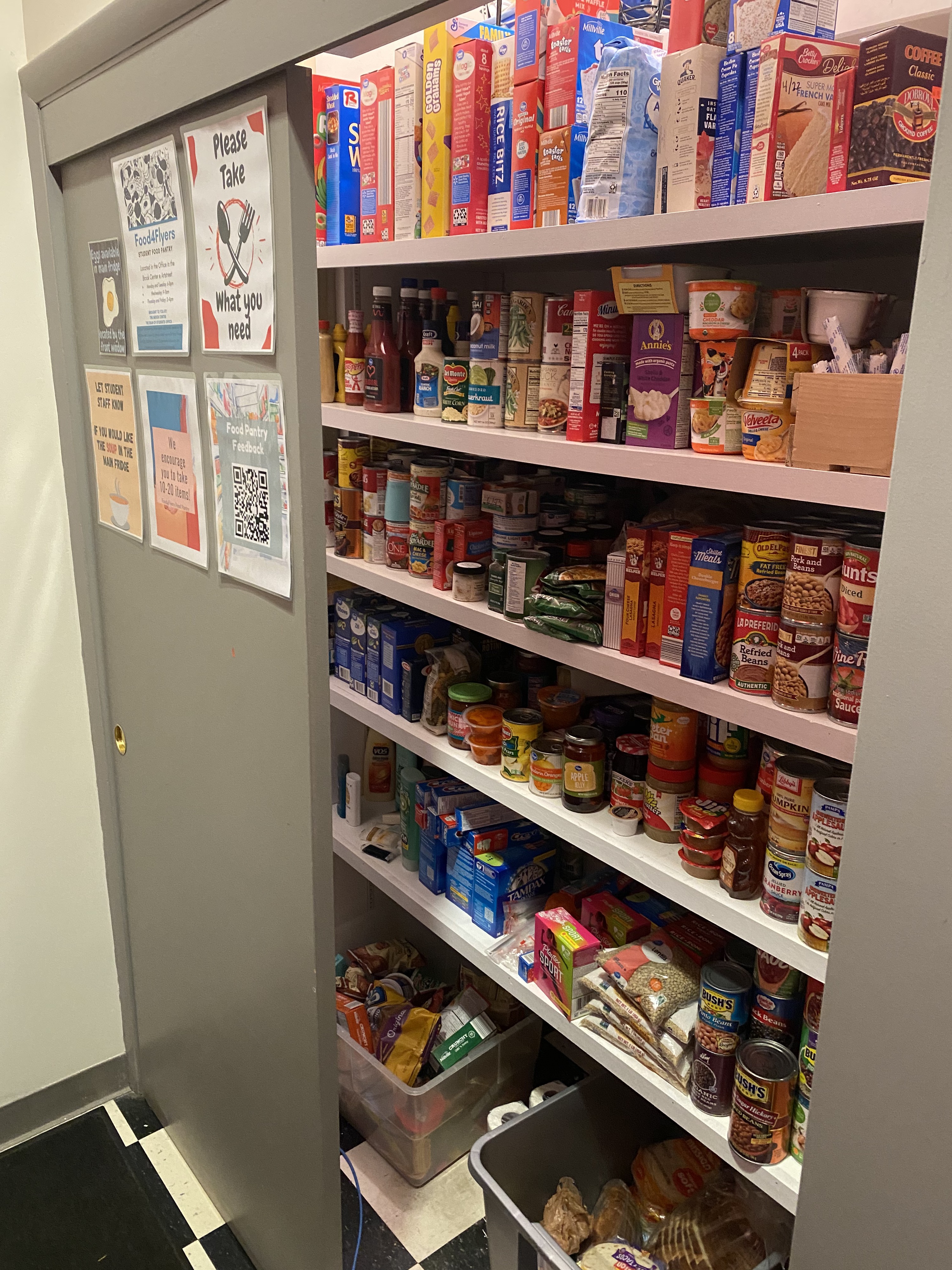 The Food4Flyers Food Pantry with shelves stocked with items for UD Students