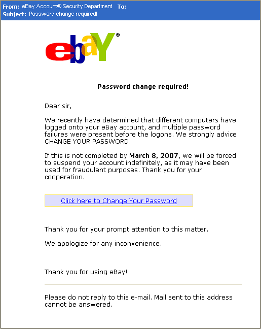 Image of an eBay Phishing Email Message