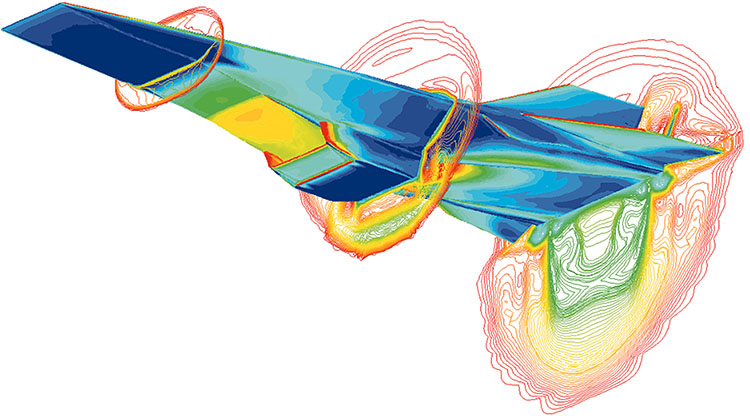CFD image showing the Hyper-X vehicle at a Mach 7 test condition with the engine operating. The image illustrates surface heat transfer on the vehicle surface (red is highest heating) and flowfield contours at local Mach number. The last contour illustrates the engine exhaust plume shape. Image credit: NASA