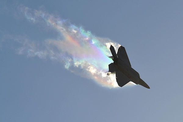 A US Air Force F-22 in flight at the AVALON 2017 airshow.