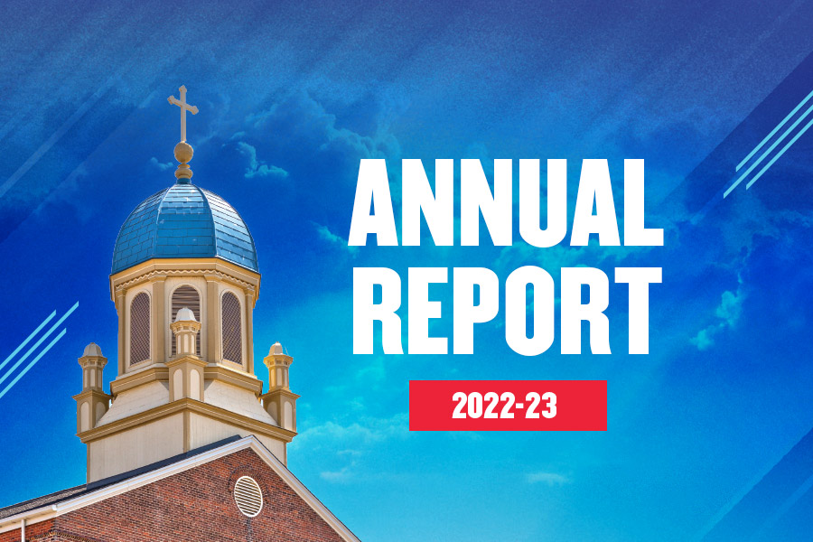 Dramatic image of chapel; headline reads Annual Report