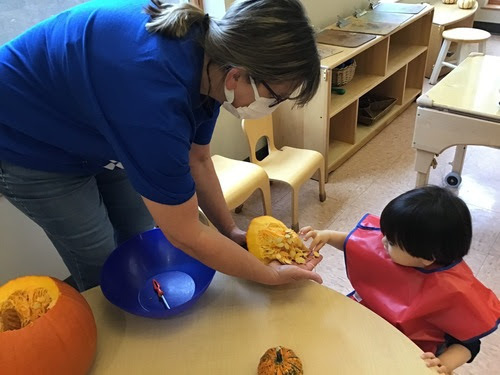 Teacher showing a pumpkin to student